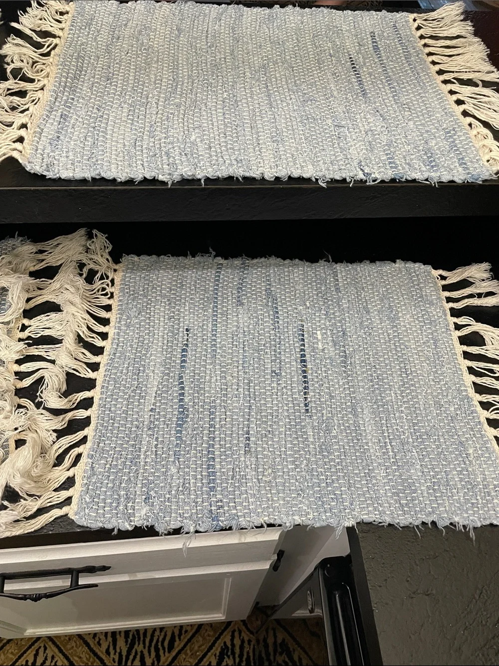 Handwoven Blue & Cream Fringed Place Mats-Set of 6